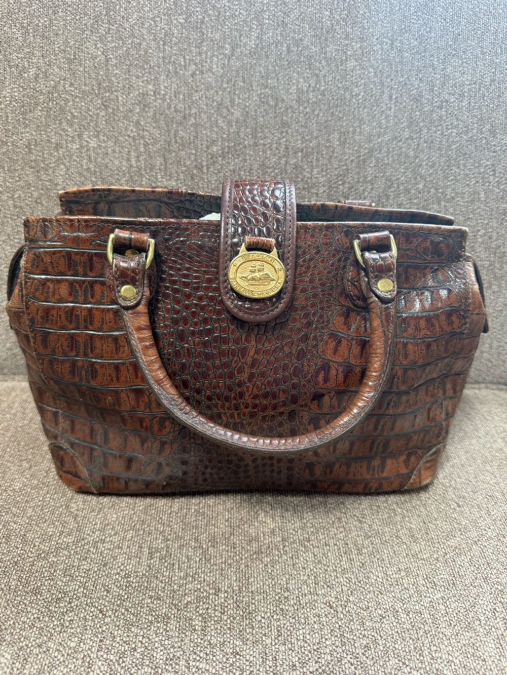 Brahmin Brown Croc-Embossed Leather Satchel with Gold Medallion